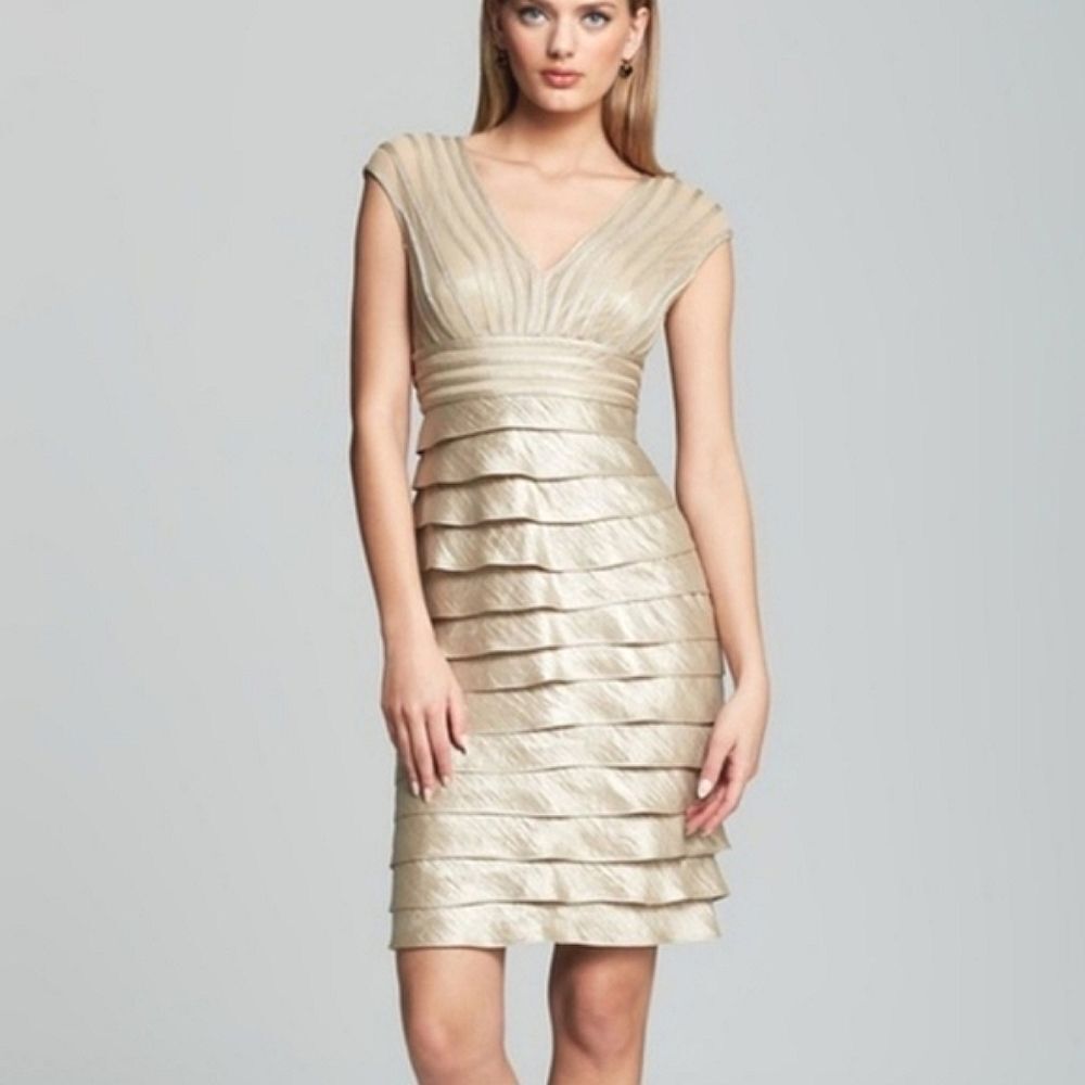 Adrianna Papell Silver Metallic Ruffle Tiered Cocktail Evening Dress Sleeveless - Picture 1 of 17